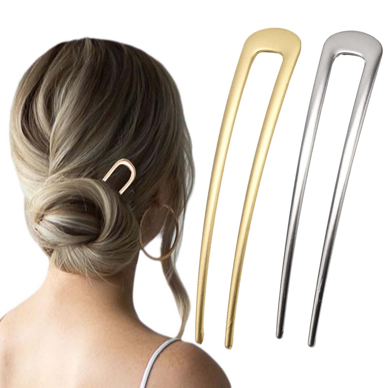 Tech Accessories For Women - フランス製U字型ヘアピン ヴィンテージメタルヘアフォークスティック 女性用 厚い髪用スタイリングアクセサリー ゴールドシルバーカラー バンツール