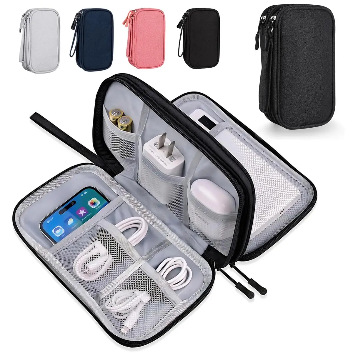 Tech Accessories Hard Case - 防水トラベルケーブルオーガナイザーバッグ ポータブル二層式電子アクセサリー収納ケース テックガジェットポーチ モバイルバッテリー、ハードドライブ、USBコード、充電器、イヤホン、ワイヤー用