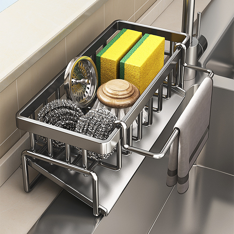 Tech Accessories Organizer - コンパクトなタップマウント式スパイス棚 – 水切りラック付きシンクオーガナイザー – 調理器具/アクセサリー用の省スペースキッチン収納