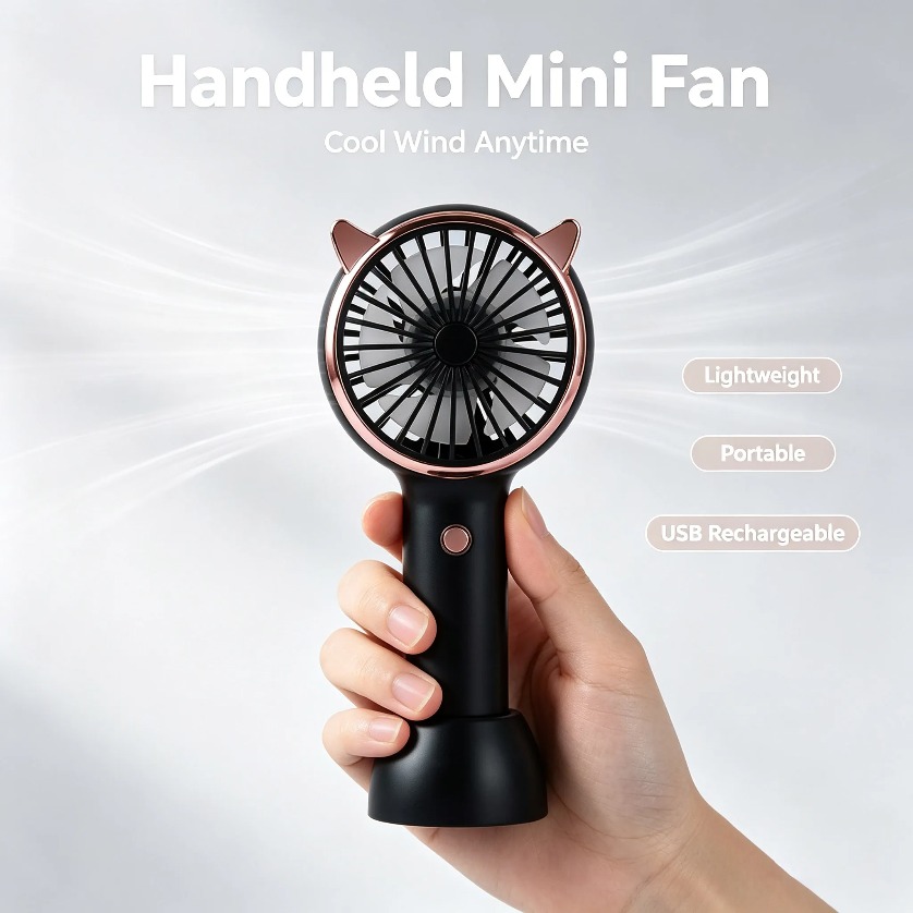 Usb Fan Silent - 猫耳型ミニ扇風機 LEDライト付き 3段階風量調節 USB充電式 ポータブル 静音