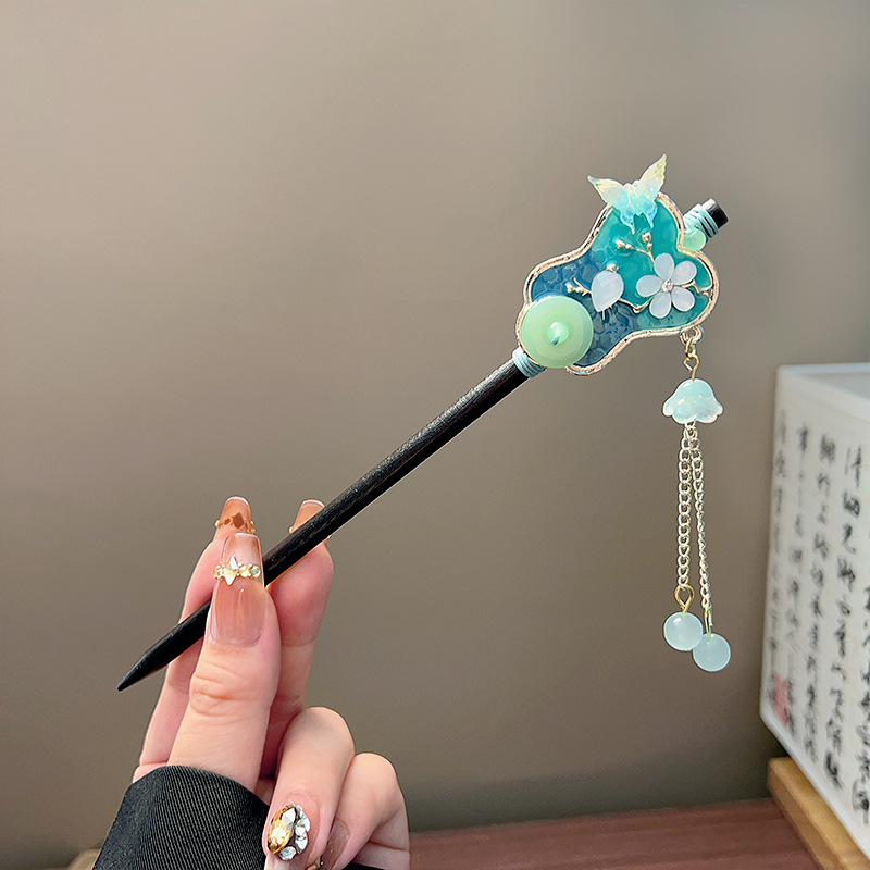 クラシックタッセルヘアスティック黒木製フラワーパールヘアピン - Tech Accessories For Women のレビューと価格