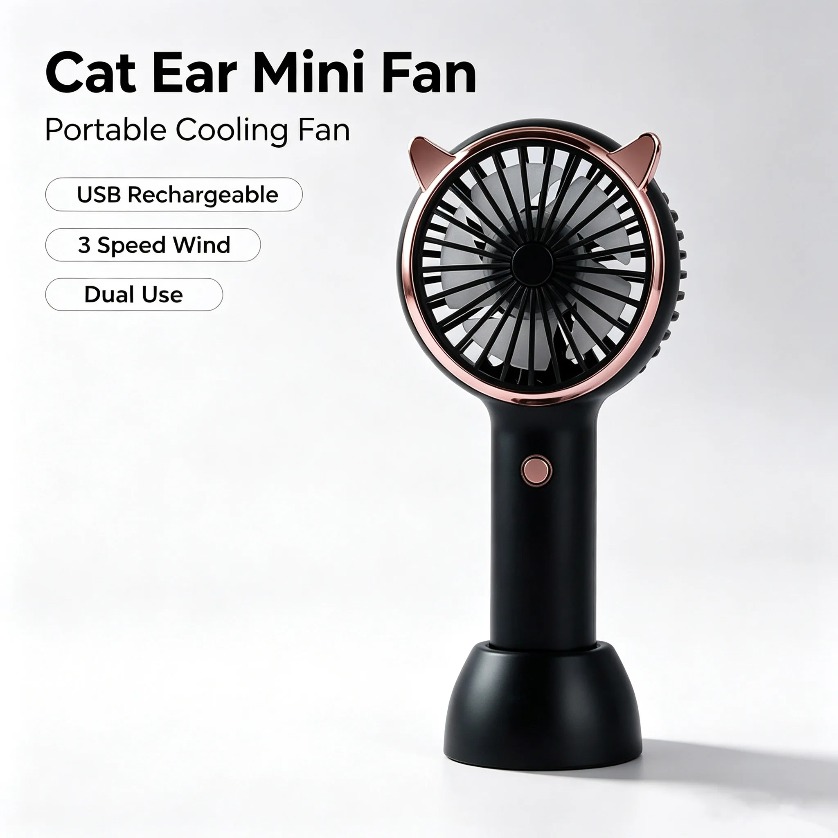 猫耳型ミニ扇風機 LEDライト付き 3段階風量調節 USB充 - Usb Fan Silent のレビューと価格