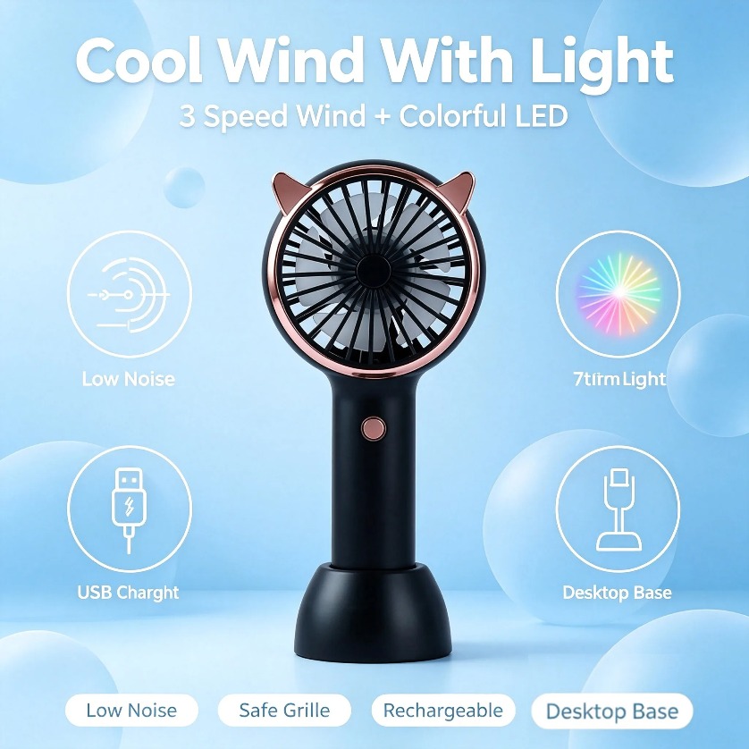 猫耳型ミニ扇風機 LEDライト付き 3段階風量調節 USB充 - Usb Fan Silent のレビューと価格