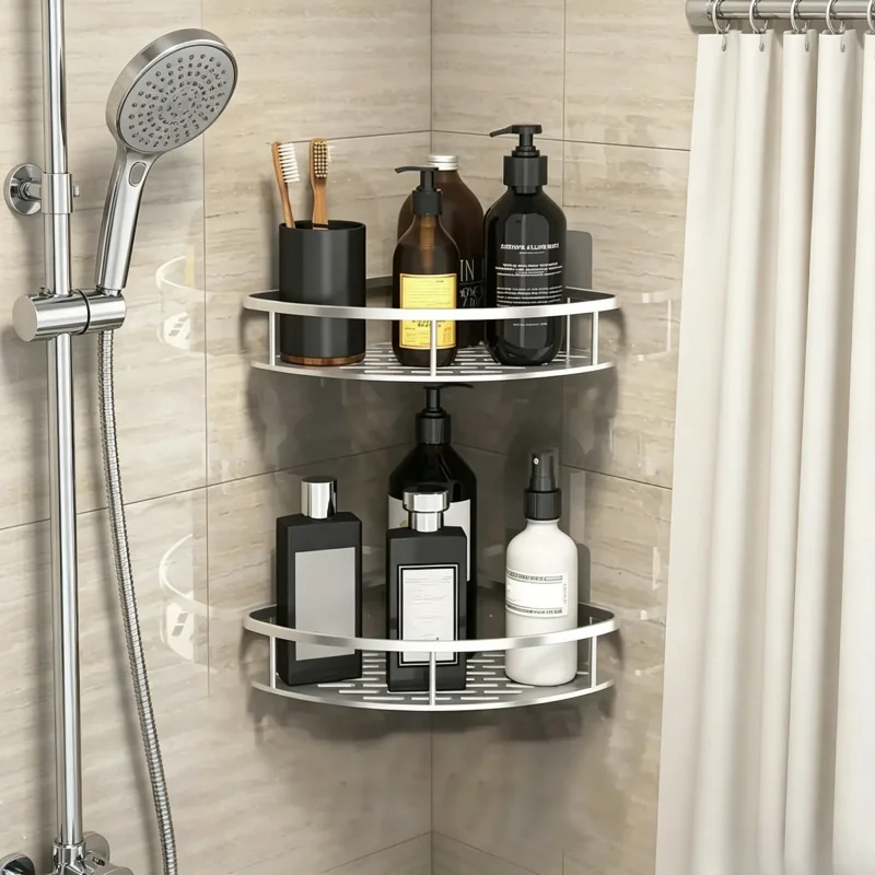 はい、ドリル不要の壁掛け式バスルームコーナー収納棚、シャンプ - Tech Accessories Organizer のレビューと価格